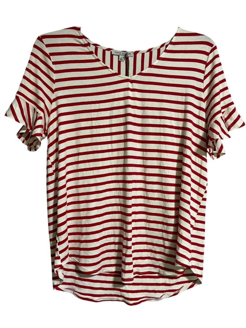 Green Envelope Striped V-Neck Ruffle Flutter Sleeve Top Womens 1X Red & White